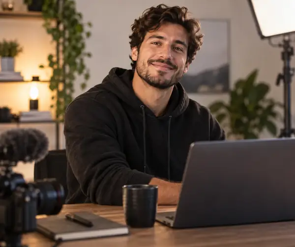Freundliches Porträt eines Content-Creators vor einem dezent beleuchteten, neutralen Hintergrund.