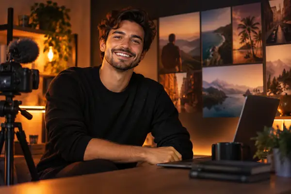 Porträt eines lächelnden Content-Creators bei warmer Studiobeleuchtung.