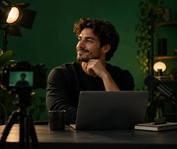 Porträt eines Creators vor einem tiefgrünen Studiohintergrund.