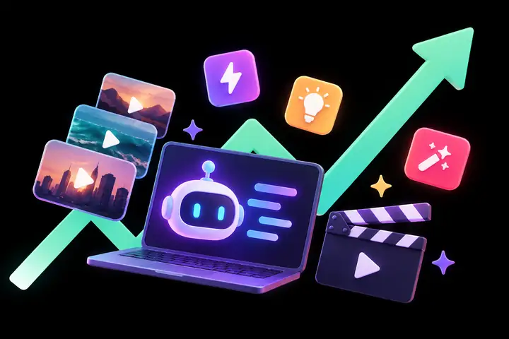 Farbenfrohe Illustration von Kurzvideo-Plattformen und einem aufwärts gerichteten Pfeil als Symbol für eine wachsende kreative Präsenz.