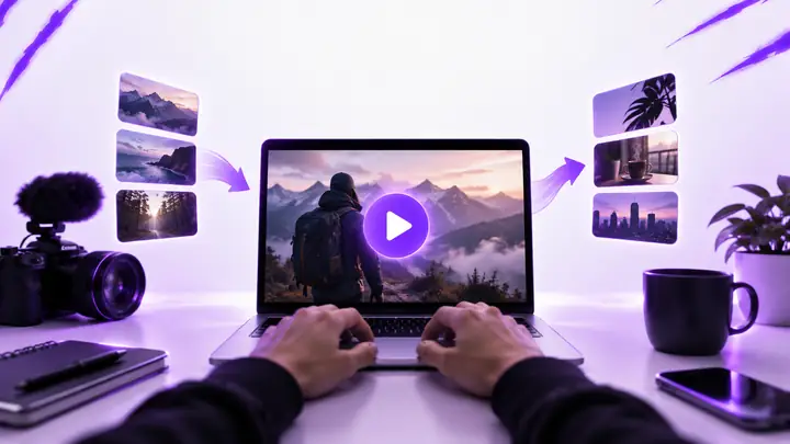 Miniaturbild eines Tutorials für Videos ohne Gesicht mit violetten Akzenten und einem Play-Symbol in der Mitte.