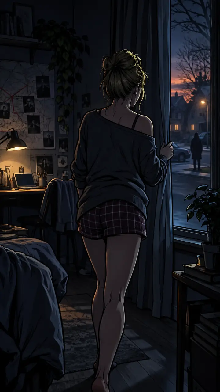 Stimmungsvolles illustriertes Zimmer in der Dämmerung, komponiert wie ein Standbild aus einem spannenden Erzählvideo.